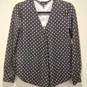 NWT Long Sleeve Small Retro Patterned V Neck Top | Navy - Nude Khaki | Size XS